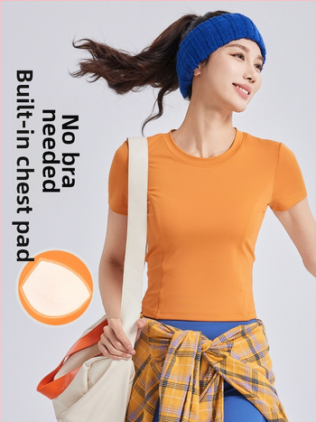 Moterų jogos marškinėliai su krūties pagalvėlėmis, trumpomis rankovėmis, raišteliai, siauras kirpimas, kvėpuojantis (Kvėpuojantis • Poliesteris + Spandeksas • 82.5% + 17.5% • Trumpomis rankovėmis • Siauras kirpimas)