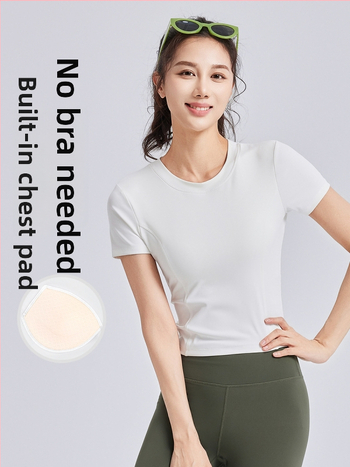 Moterų jogos marškinėliai su krūties pagalvėlėmis, trumpomis rankovėmis, raišteliai, siauras kirpimas, kvėpuojantis (Kvėpuojantis • Poliesteris + Spandeksas • 82.5% + 17.5% • Trumpomis rankovėmis • Siauras kirpimas)