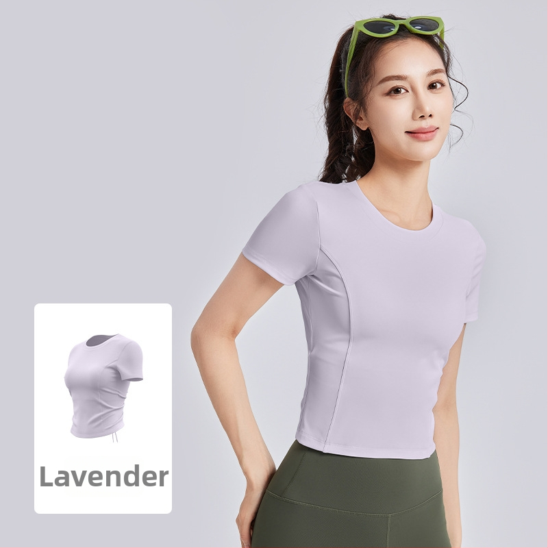 Moterų jogos marškinėliai su krūties pagalvėlėmis, trumpomis rankovėmis, raišteliai, siauras kirpimas, kvėpuojantis (Kvėpuojantis • Poliesteris + Spandeksas • 82.5% + 17.5% • Trumpomis rankovėmis • Siauras kirpimas)