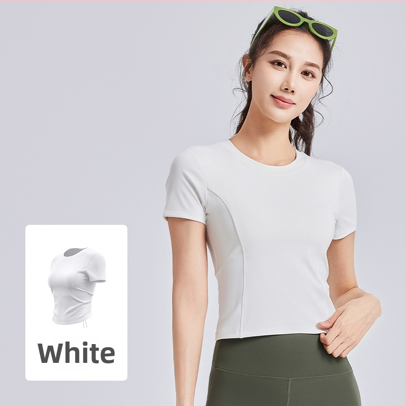 Moterų jogos marškinėliai su krūties pagalvėlėmis, trumpomis rankovėmis, raišteliai, siauras kirpimas, kvėpuojantis (Kvėpuojantis • Poliesteris + Spandeksas • 82.5% + 17.5% • Trumpomis rankovėmis • Siauras kirpimas)