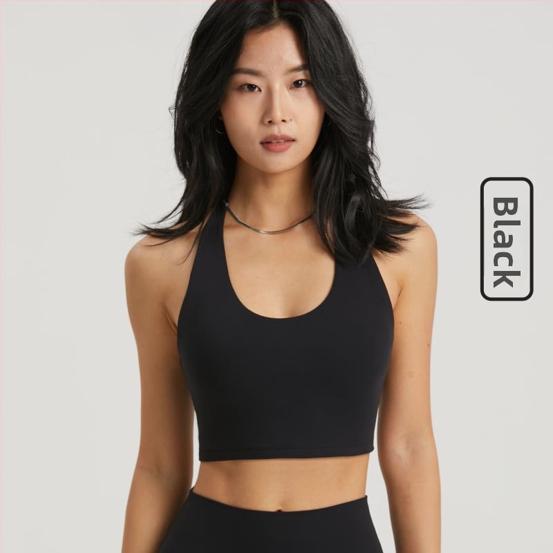 Sporta krūšturis ar haltera kakla fiksētām siksnām, bez uzlikām, 3/4 krūšu kauss ar vidēju formu, NULS audums (80% neilons / 20% spandekss), muguras atbalsts dejām