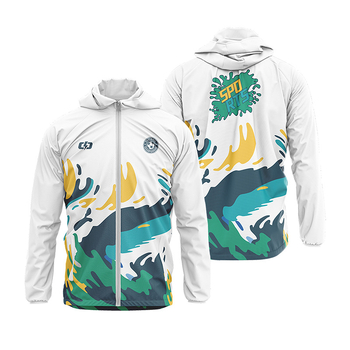 Kapucnis széldzseki teljes test sublimációs nyomtatással, hosszú ujjú, poliészter anyag, uniszex