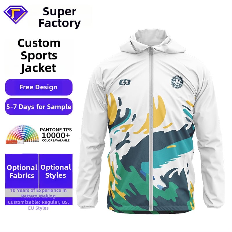 Kapucnis széldzseki teljes test sublimációs nyomtatással, hosszú ujjú, poliészter anyag, uniszex