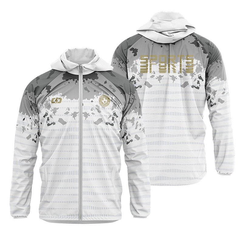 Kapucnis széldzseki teljes test sublimációs nyomtatással, hosszú ujjú, poliészter anyag, uniszex