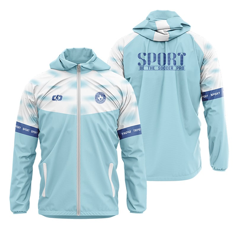 Kapucnis széldzseki teljes test sublimációs nyomtatással, hosszú ujjú, poliészter anyag, uniszex