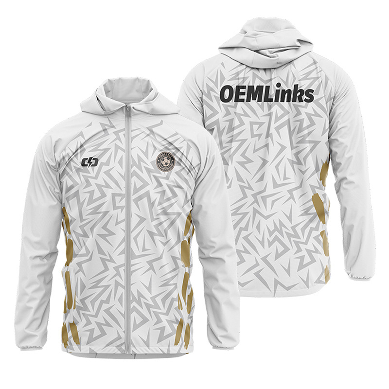 Kapucnis széldzseki teljes test sublimációs nyomtatással, hosszú ujjú, poliészter anyag, uniszex