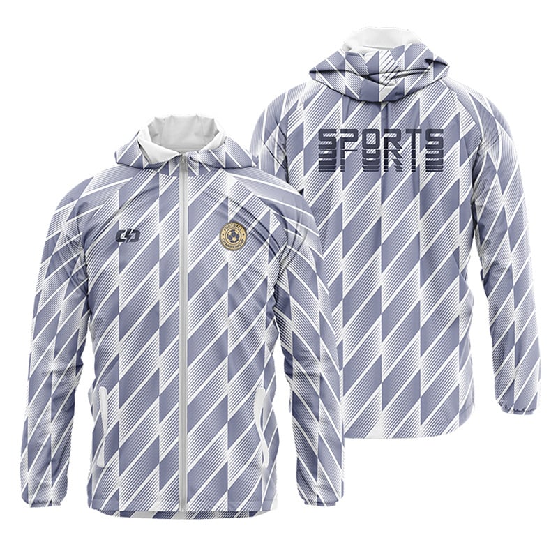 Kapucnis széldzseki teljes test sublimációs nyomtatással, hosszú ujjú, poliészter anyag, uniszex