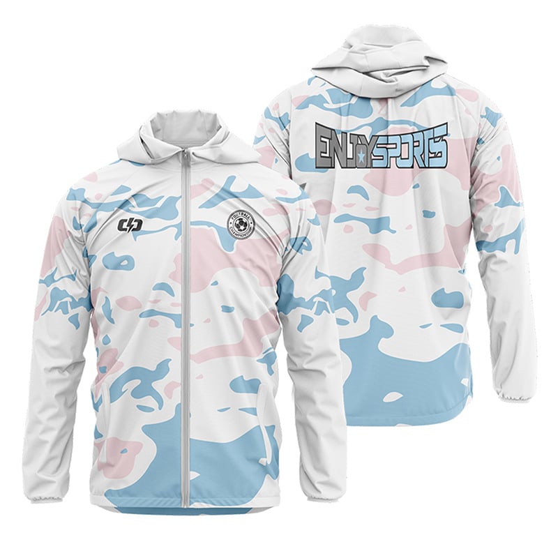 Kapucnis széldzseki teljes test sublimációs nyomtatással, hosszú ujjú, poliészter anyag, uniszex