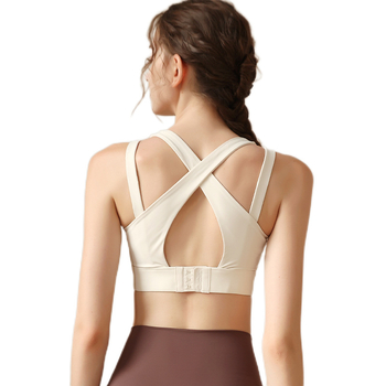 Moteriška sportinė liemenėlė bėgimui, išorinei dėvėjimui – pilnas puodelis, formuotas puodelis, fiksuotos dvigubos petnešos, nugaros trijų eilučių kabliukų užtrauktukas; pagrindinis audinys: nailonas 75%, pamušalas: spandeksas 25%