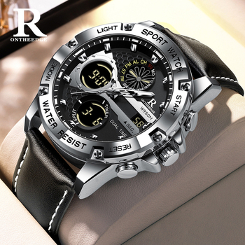 Vīriešu ādas pulkstenis ar analogo un digitālo dubulto displeju — kvarts kustība, 30 m ūdensizturība, minerālstikls, ādas siksna