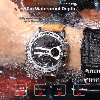 Vīriešu ādas pulkstenis ar analogo un digitālo dubulto displeju — kvarts kustība, 30 m ūdensizturība, minerālstikls, ādas siksna