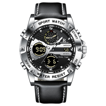 Vīriešu ādas pulkstenis ar analogo un digitālo dubulto displeju — kvarts kustība, 30 m ūdensizturība, minerālstikls, ādas siksna