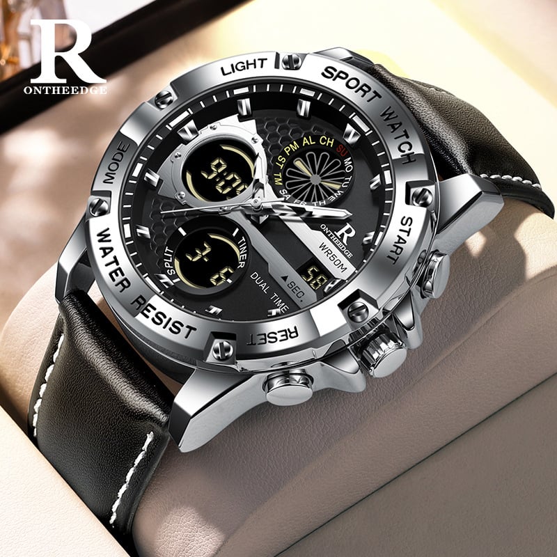 Vīriešu ādas pulkstenis ar analogo un digitālo dubulto displeju — kvarts kustība, 30 m ūdensizturība, minerālstikls, ādas siksna