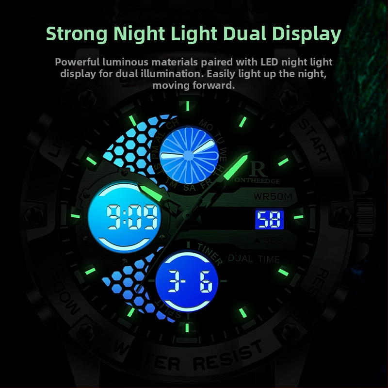 Vīriešu ādas pulkstenis ar analogo un digitālo dubulto displeju — kvarts kustība, 30 m ūdensizturība, minerālstikls, ādas siksna