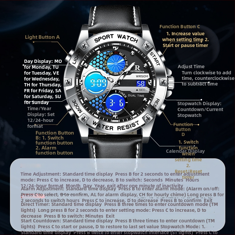 Vīriešu ādas pulkstenis ar analogo un digitālo dubulto displeju — kvarts kustība, 30 m ūdensizturība, minerālstikls, ādas siksna