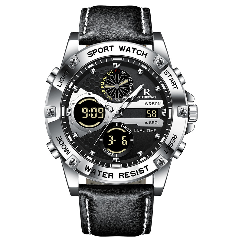 Vīriešu ādas pulkstenis ar analogo un digitālo dubulto displeju — kvarts kustība, 30 m ūdensizturība, minerālstikls, ādas siksna