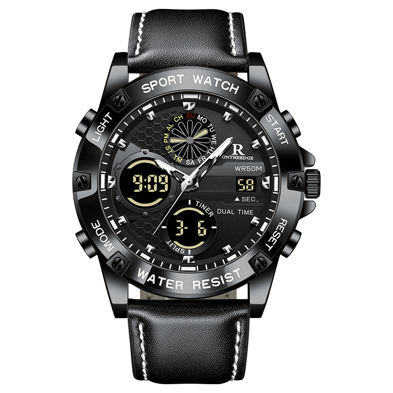 Vīriešu ādas pulkstenis ar analogo un digitālo dubulto displeju — kvarts kustība, 30 m ūdensizturība, minerālstikls, ādas siksna