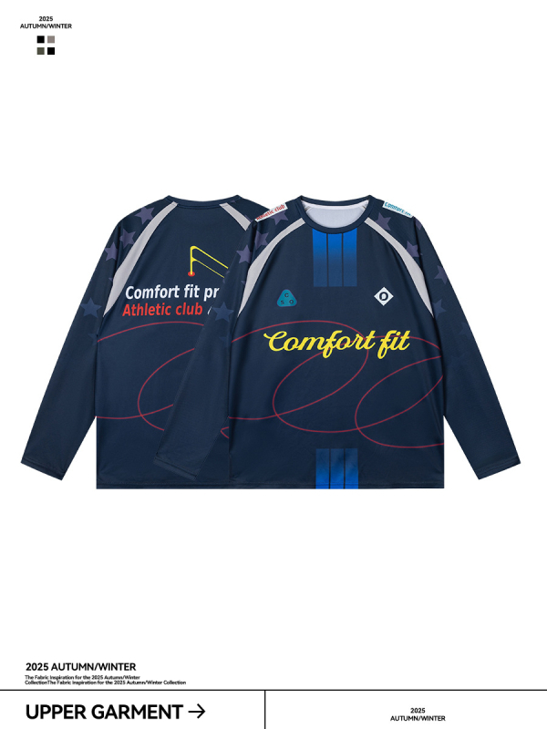 Дълъг ръкав спортна тениска, кръгло деколте, 100% полиестер, дишаща и антибактериална, влаготвеждаща, буквен принт в дизайн с цветни блокове