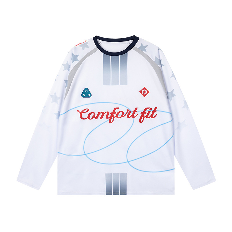 Дълъг ръкав спортна тениска, кръгло деколте, 100% полиестер, дишаща и антибактериална, влаготвеждаща, буквен принт в дизайн с цветни блокове