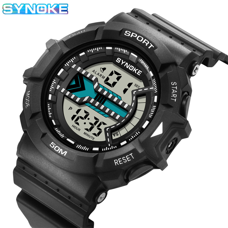 Мъжки електронен часовник SYNOKE, водоустойчив до 50 м, електронно движение, цифров дисплей, акрилно стъкло, PU каишка