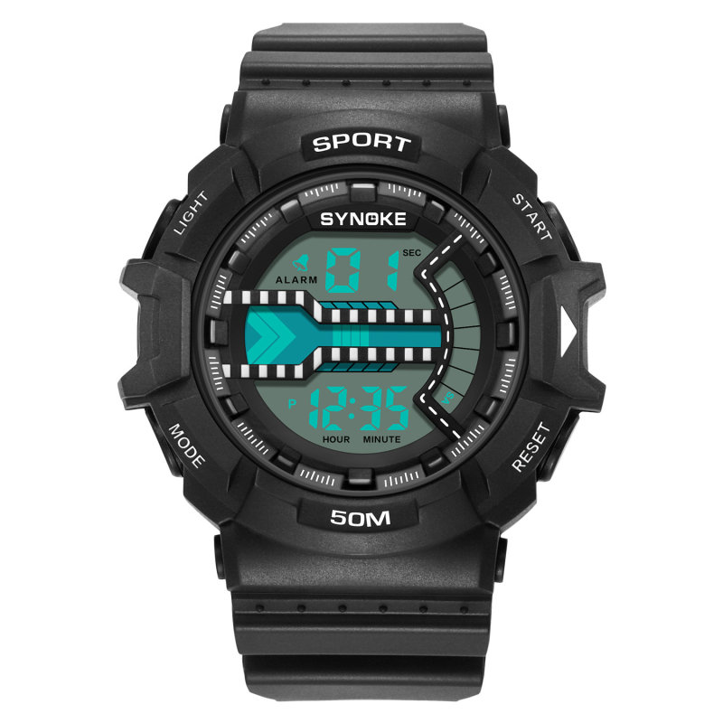 Мъжки електронен часовник SYNOKE, водоустойчив до 50 м, електронно движение, цифров дисплей, акрилно стъкло, PU каишка