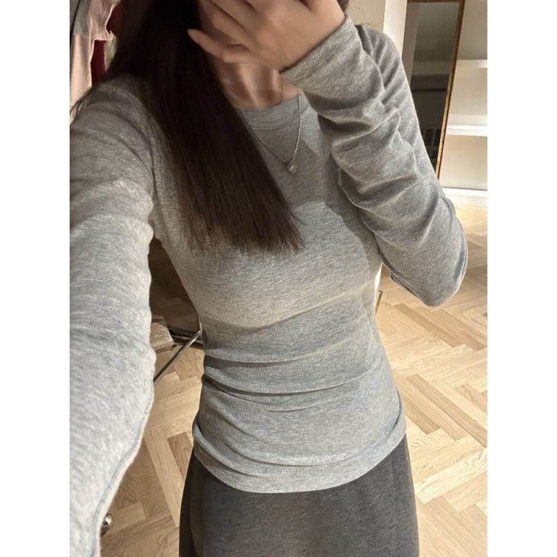 Majica s uskim krojem, dugi rukavi, fleece podstava, okrugli izrez, od pamuka