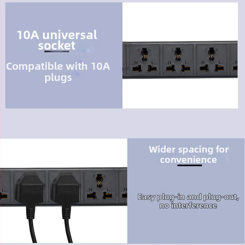 Kabeļu kontakts PDU skapim, 10A, 2500W, ugunsizturīgs PC korpuss, piemērots datoru telpas skapim