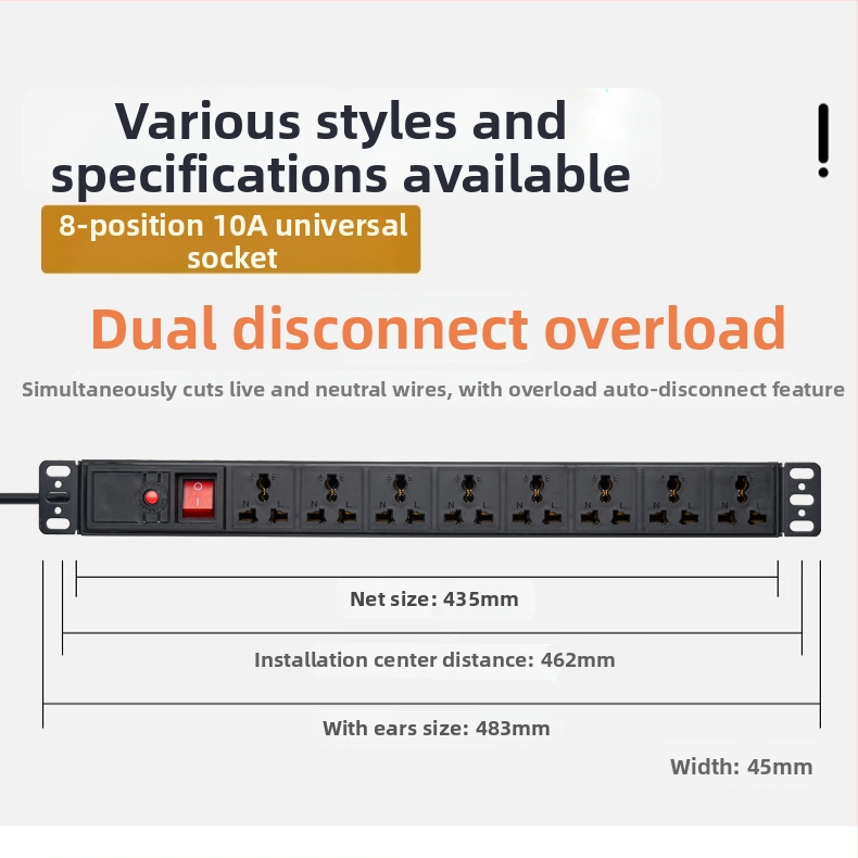 Kabeļu kontakts PDU skapim, 10A, 2500W, ugunsizturīgs PC korpuss, piemērots datoru telpas skapim
