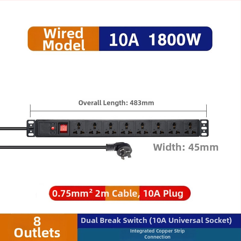 Laidų lizdas PDU spintai, 10A, 2500W, gaisos atsparus PC korpusas, skirtas kompiuterių kambario spintai