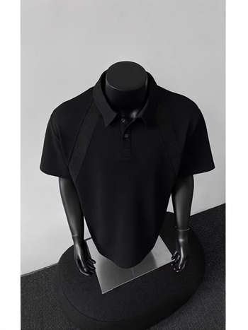 Πλεκτή μπλούζα Polo με κοντό μανίκι, χαλαρή εφαρμογή, μονόχρωμη, πολυεστερική ανάμικτη ίνα, λεπτομέρεια κολλάζ, καλοκαίρι 2025