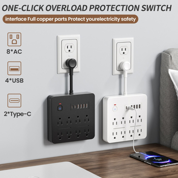 Maitinimo juosta su 8 lizdais, 10A, 100–250V, 2500W, perkrovos apsauga