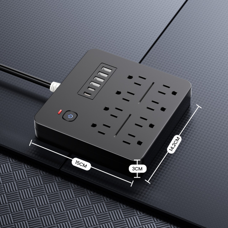 Maitinimo juosta su 8 lizdais, 10A, 100–250V, 2500W, perkrovos apsauga