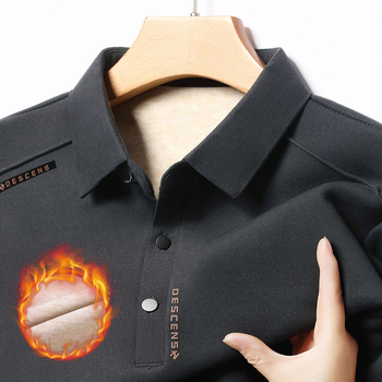 Tricou polo bărbătește cu fleece pe interior pentru iarnă — croială slim, mâneci lungi, unicolor