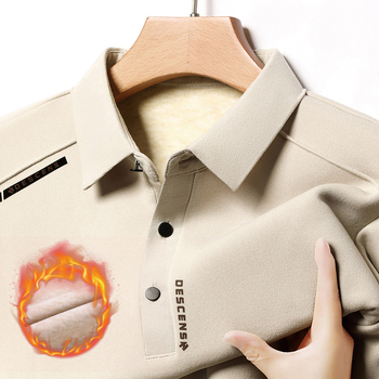 Tricou polo bărbătește cu fleece pe interior pentru iarnă — croială slim, mâneci lungi, unicolor