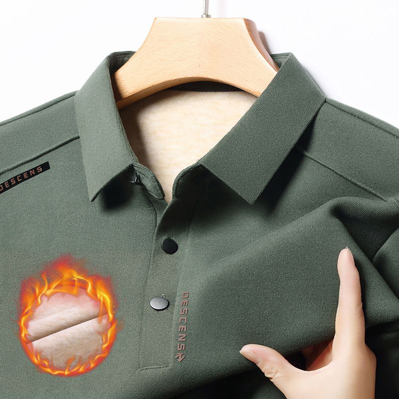 Tricou polo bărbătește cu fleece pe interior pentru iarnă — croială slim, mâneci lungi, unicolor