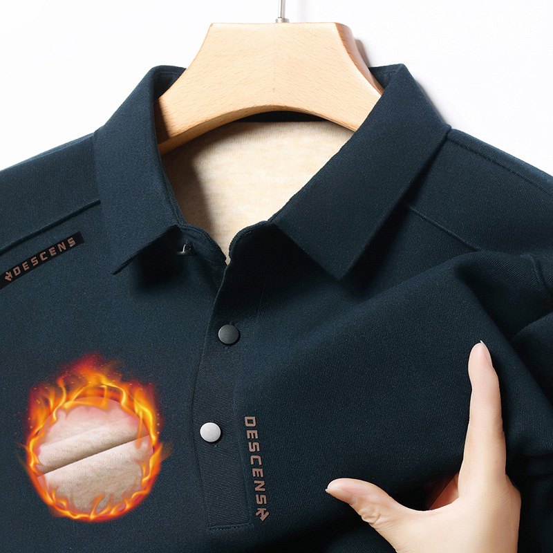 Tricou polo bărbătește cu fleece pe interior pentru iarnă — croială slim, mâneci lungi, unicolor