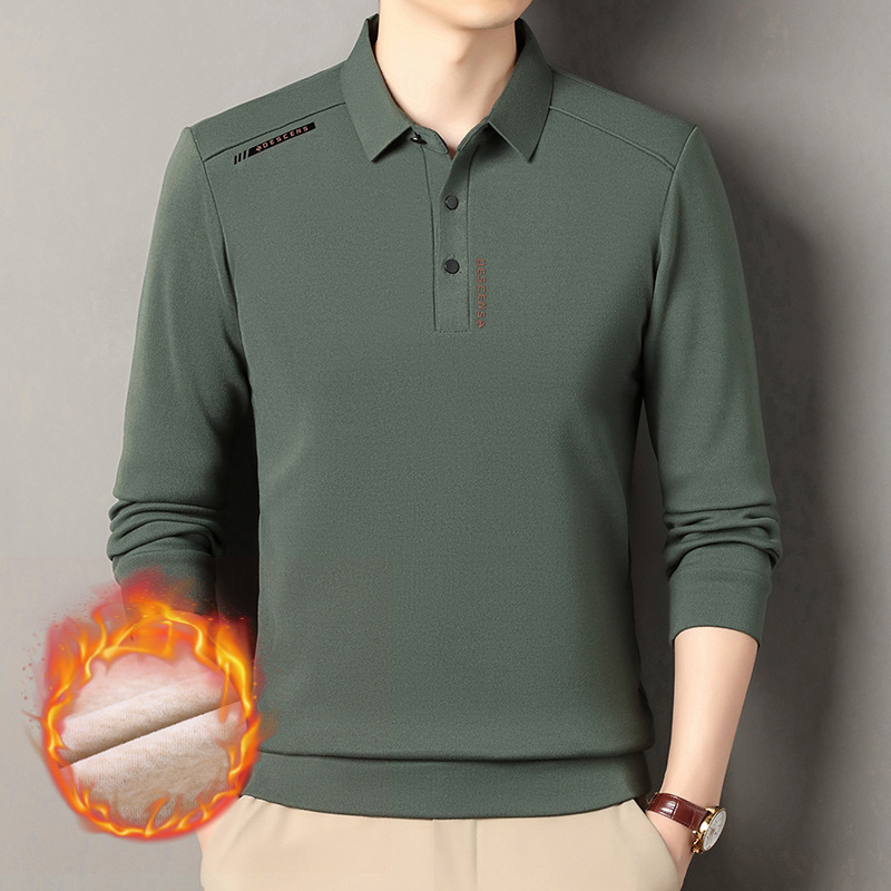 Tricou polo bărbătește cu fleece pe interior pentru iarnă — croială slim, mâneci lungi, unicolor