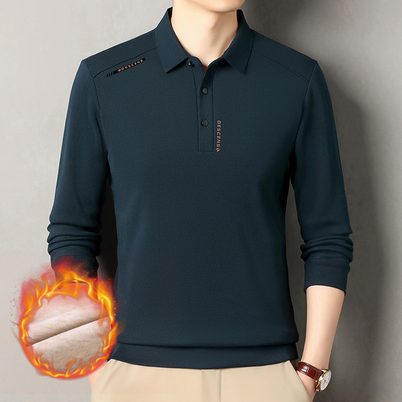 Tricou polo bărbătește cu fleece pe interior pentru iarnă — croială slim, mâneci lungi, unicolor