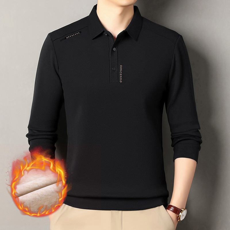 Tricou polo bărbătește cu fleece pe interior pentru iarnă — croială slim, mâneci lungi, unicolor