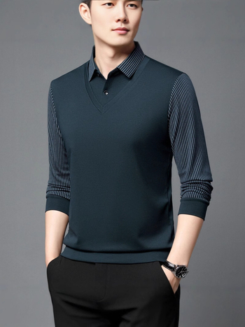 Polo cu mânecă lungă - croială lejeră, model în dungi, căptușit cu fleece, finisaj lavat