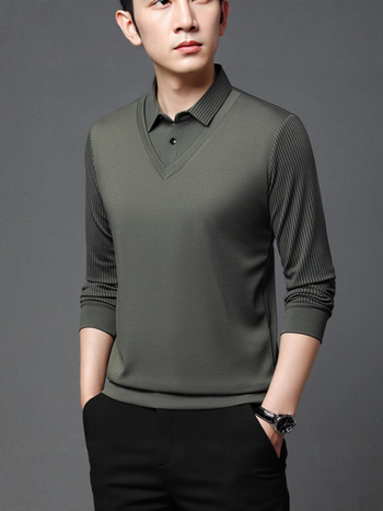 Polo cu mânecă lungă - croială lejeră, model în dungi, căptușit cu fleece, finisaj lavat