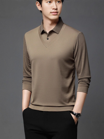 Polo cu mânecă lungă - croială lejeră, model în dungi, căptușit cu fleece, finisaj lavat