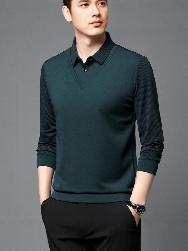 Polo cu mânecă lungă - croială lejeră, model în dungi, căptușit cu fleece, finisaj lavat