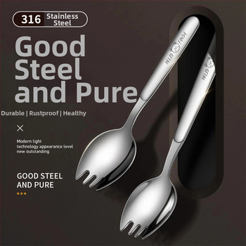 316 nerūdijančio plieno integruotas šakutės-lėkštės įrankis, ilga rankena, veidrodinis poliravimas, paprastas stilius, Hehe bear raštas, suaugusiems