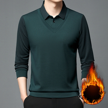 Tricou polo pentru bărbați cu dungi, fleece, croială slim, mâneci lungi, iarnă, amestec poliester-elastan 95%/5%