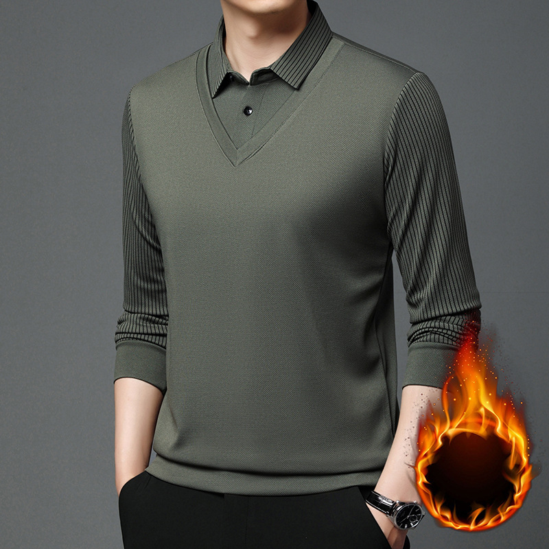 Tricou polo pentru bărbați cu dungi, fleece, croială slim, mâneci lungi, iarnă, amestec poliester-elastan 95%/5%