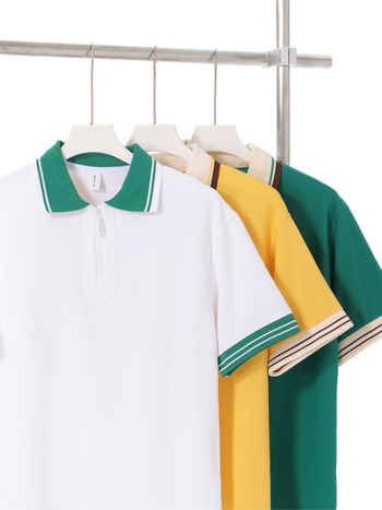 Tricou polo cu mâneci scurte, croială lejeră, stil japonez retro, guler cu fermoar parțial, amestec de bumbac respirabil