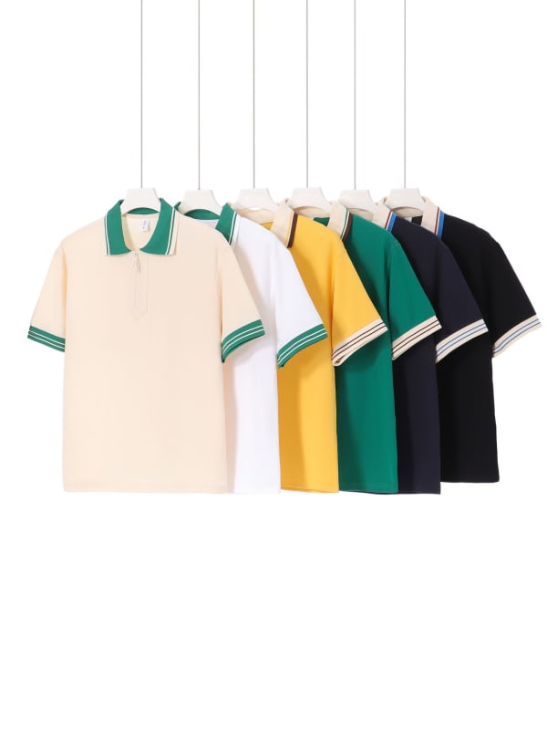 Tricou polo cu mâneci scurte, croială lejeră, stil japonez retro, guler cu fermoar parțial, amestec de bumbac respirabil