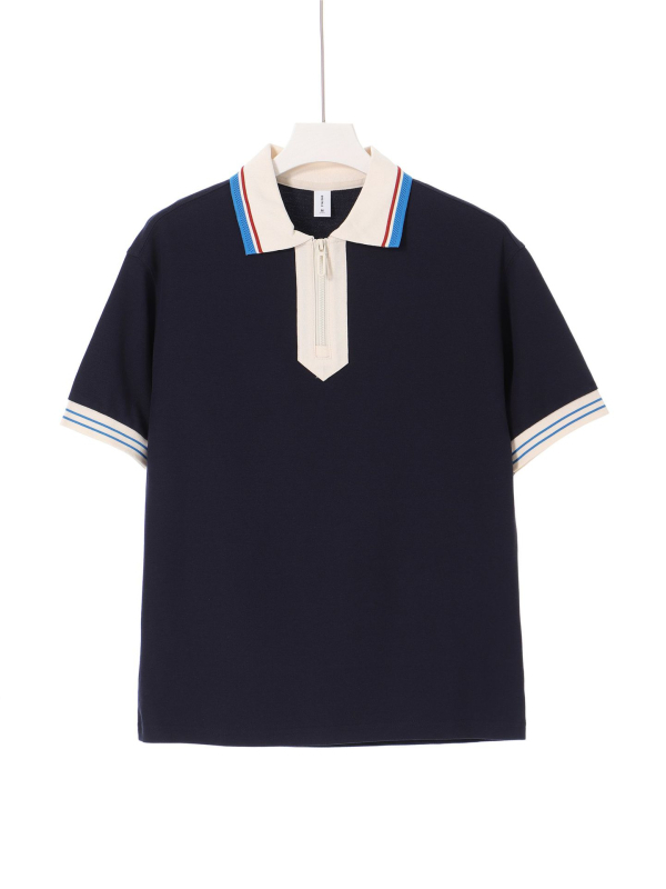 Tricou polo cu mâneci scurte, croială lejeră, stil japonez retro, guler cu fermoar parțial, amestec de bumbac respirabil