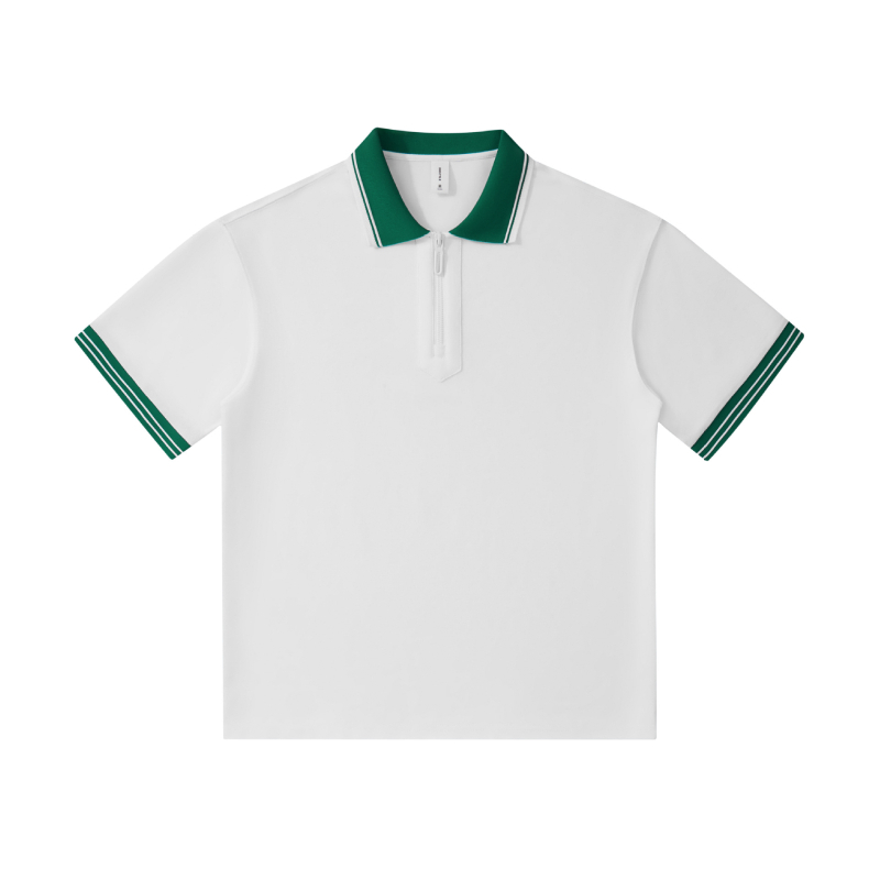 Tricou polo cu mâneci scurte, croială lejeră, stil japonez retro, guler cu fermoar parțial, amestec de bumbac respirabil